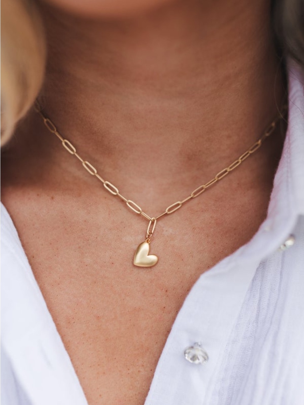 Puffy Gold Heart Pendant Paperclip Chain Necklace - Women Jewelry